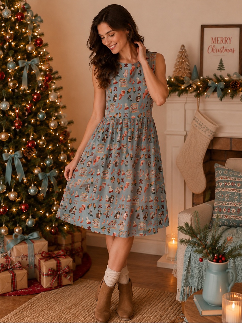 Tulip B Sleeveless Light Blue Holiday Print Midi Dress Cats Socks Sweater Hats